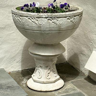 MONUMENTAL SCULPTED GARDEN URN ON STAND 32" DIAMETER #1 | Large pedestal garden urn or planter (terracotta pot within).Very heavy...