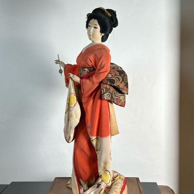 Nishi & Co. Geisha Doll #2 | Vintage (mid century) Nishi & Company (Japan) tall geisha doll on stand. - h. 24 x w. 12 x d. 9.5 in
