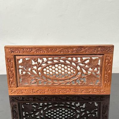 Carved Wooden Wall Decor #1 | Carved wooden wall decor in rectangular shape with trellis-like details. Dimensions: h. 6 x l. 12 in