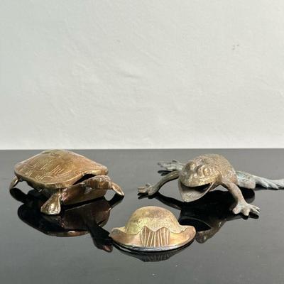 (3pc) Brass Amphibian-Shaped Ashtrays | Three (3) vintage (mid century) brass amphibian-shaped (frog, turtle, and seashell) ashtrays with...