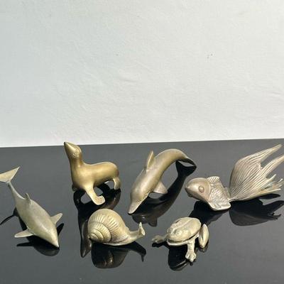 (6pc) Brass Animal Figurines | Brass animal figurines including a seal, snail, frog (opens into an ashtray), turtle, goldfish and two (2)...