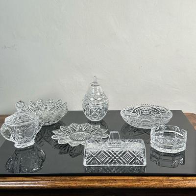 (9pc) Pressed Glass Dishes - Waterford & Others | Waterford cut crystal octagonal-shaped ashtray Pressed glass covered diamond design...