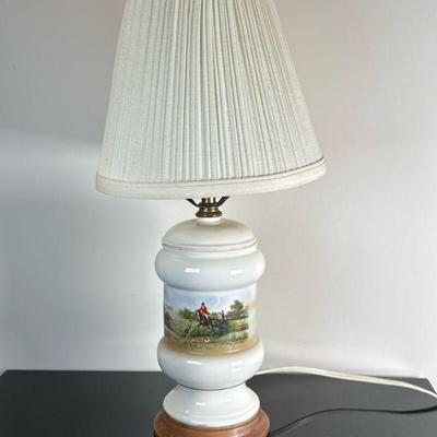 Equestrian/Fox Hunt Lamp | Vintage lusterware porcelain lamp base with an English equestrian/fox hunt painted scene, on wooden base with...