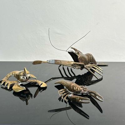 (3pc) Brass Lobster-Shaped Ashtrays | Three (3) vintage (mid century) brass lobster-shaped ashtrays with hinged top (only one opens). In...