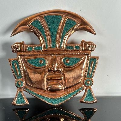 Mexican Gold & Turquoise Mask | Vintage (mid century) Mexican/Central American (Aztec) gold and turquoise mask. - h. 7 x w. 6.5 in
