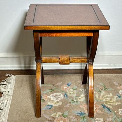 Burlwood Square Side Table | Vintage burlwood square side table with bowed/crossed legs. - h. 21 x w. 16 x d. 16 in