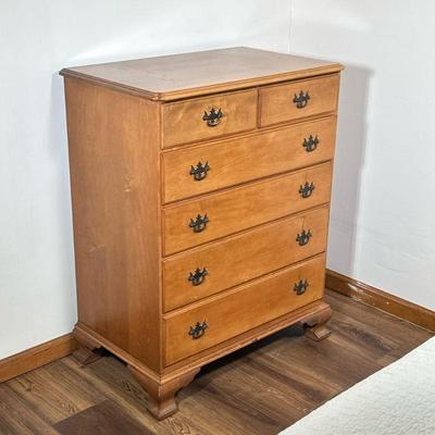 Sheraton Style Six-Drawer Wooden Dresser | Vintage (mid century) Sheraton style rock maple wood six-drawer dresser with black painted...