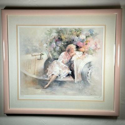 Willem Haenraets (Dutch, 1940-) Oil Painting - "Day Dreaming"| Painting of a woman lounging out a vintage style car door,...