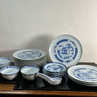(25pc) Chinoiserie Blue & White "Rice Grain" Plates | Chinese inspired hand-painted blue and white porcelain plates, bowls,...