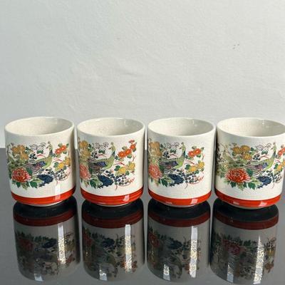 (4pc) Japanese Crackle Glaze Tea Cups | Set of four (4) Japanese (kutani ware) crackle glaze tea cups with peacock and floral pattern.