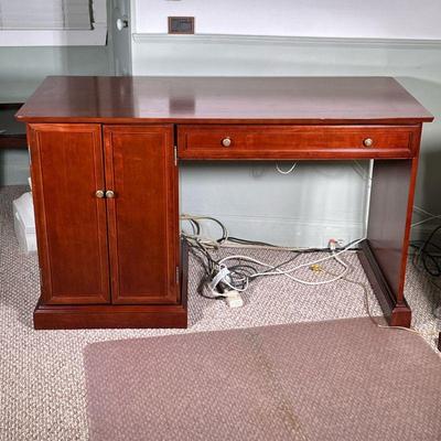 Wooden Desk With Side Cabinet | Large wooden desk with single drawer and side cabinet. - h. 30 x w. 52 x d. 23.5 in