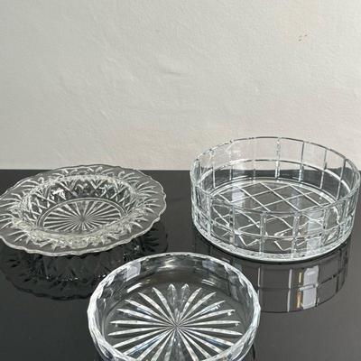 (3pc) Cut Crystal Dishes - Waterford & Others | Waterford cut crystal "Lismore" pattern round dish Anchor Hocking style...