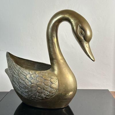 Brass Swan Planter - Rounded Neck | Vintage (1950's) solid brass (heavy) swan-shaped planter with rounded neck.- h. 16.5 x w. 8 x l....