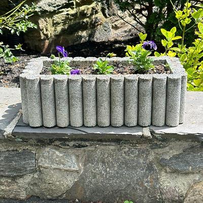 Concrete Planter #5 | Large concrete rectangular-shaped outdoor planter with scalloped edges. Includes plants. - h. 7.5 x w. 12 x l. 24 in
