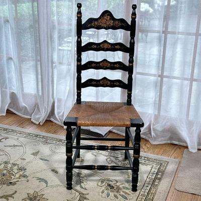 Boling Chair Company Ladderback Chair | Boling Chair Company black painted carved ladder back chair with rush seat over spindle carved...