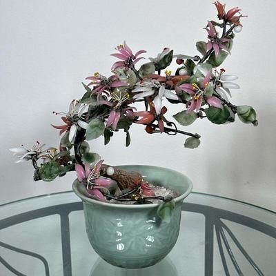 Chinoiserie Glass & Stone Sculpture #3 | Vintage chinoiserie jade and quartz or other stone decorative floral/bonsai sculpture in...