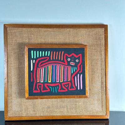 Guatemalan Folk Art Mixed Media | Vintage (1960's) Guatemalan folk art wall decor of an abstract cat in mixed media (cotton/fabrics)...