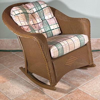 Lloyd Flanders Wicker Rocker | Lloyd Flanders "Reflections" Collection resin wicker rocker, with cushions. Ottoman: h. 15 x w....