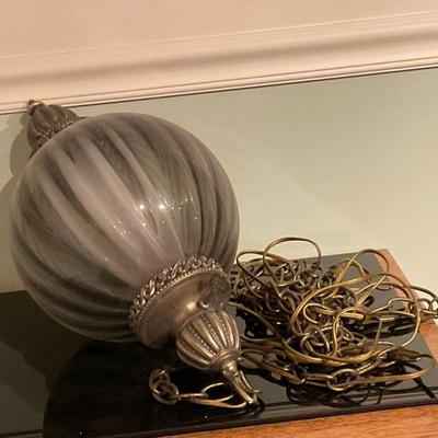 Orb-Shaped Blown Glass Light Fixture | Vintage (mid century) hanging/swag orb-shaped light fixture with gray glass and decorative chain....