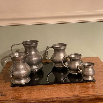 (5pc) Graduated Baluster Pitcher Measuring Cups | Antique (possibly early 1900's) set of five (5) pewter graduated baluster pitcher...
