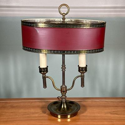 Two-Candle Bouilette Lamp | Antique (early 1900's) two-candle bouilette lamp with red painted tole lampshade and brass body. - h. 21...