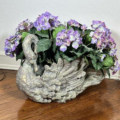 Swan Flower Pot with Faux Flowers | Victorian style swan flower pot/cachepot with composition formed seam basket and faux flowers. - h....