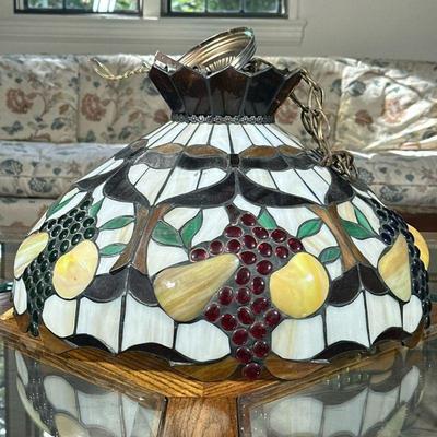 Tiffany Style Fruit-Patterned Light Fixture | Tiffany style stained glass/slag glass hanging light fixture with fruit design and...
