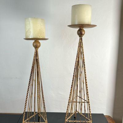 (2pc) Tall Pyramid-Shaped Candleholders | Pair (2) of tall painted metal candleholders in a tripod/pyramid shape. Tallest: h. 22 x w. 9 -...