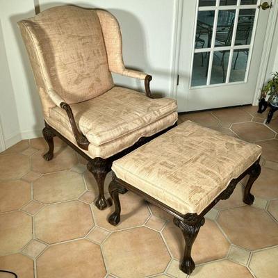 (2pc) J.H. Harvey Armchair & Ottoman | J.H.Harvey custom upholstered Victorian style armchair and matching ottoman, both with ornate...