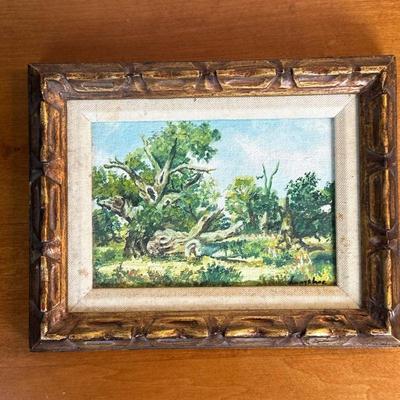Unknown Artist, Oil Painting - Trees | Landscape of trees and bushes in field Oil on canvas Framed (wooden frame) and matted Signed by...