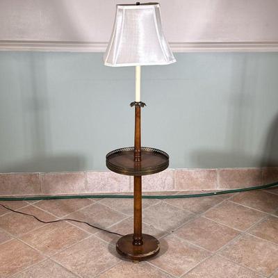 Faux Candle Floor Lamp with Side Table | Vintage faux candle floor lamp with round wooden side table with gallery edge, brass details,...