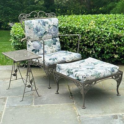 (3pc) Vintage Wrought Iron Armchair, Footstool & Side Table #1 | Wrought iron outdoor/patio furniture, including a armchair, matching...