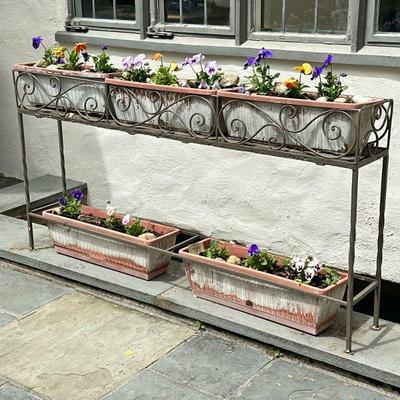 Wrought Iron Plant Stand - Tiered | Vintage (mid century) wrought iron, tiered planter stand with five (5) plastic planters. - h. 30 x w....