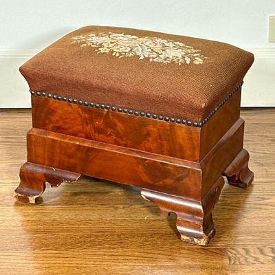 Burlwood & Needlepoint Footstool #1 | Antique American Empire style footstool with a sturdy burlwood carved base, a cushioned top...