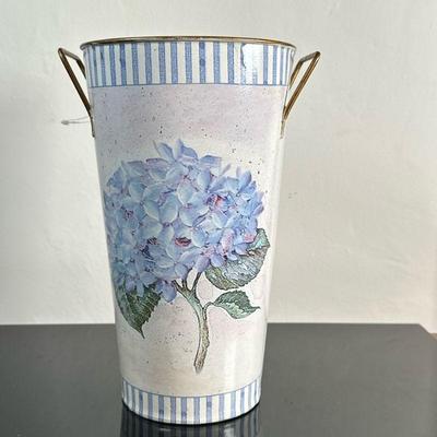 Painted Tin Vase with Floral Design | Vintage tin vase or utensil holder with painted hydrangea floral design. Dimensions: h. 11 x w. 7.5...