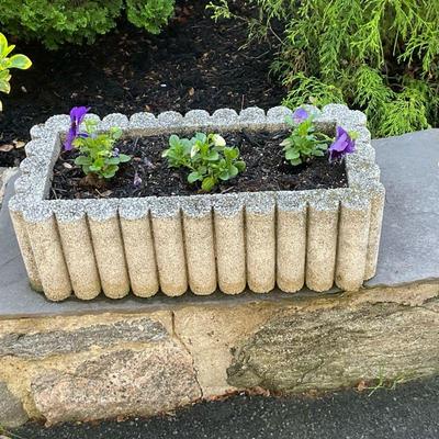 Concrete Planter #4 | Large concrete rectangular-shaped outdoor planter with scalloped edges. Plants included. - h. 7.5 x w. 12 x l. 24 in
