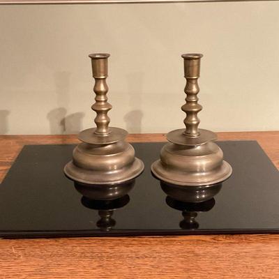 (2pc) Pair of Candlestick Holders | Two (2) pewter or brushed brass candlestick holders. - h. 7 x w. 4.5 in