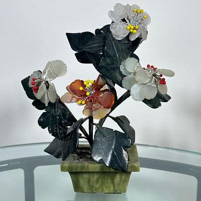 Chinoiserie Glass & Stone Sculpture #4 | Vintage chinoiserie jade or other stone decorative floral/bonsai sculpture in olive green...