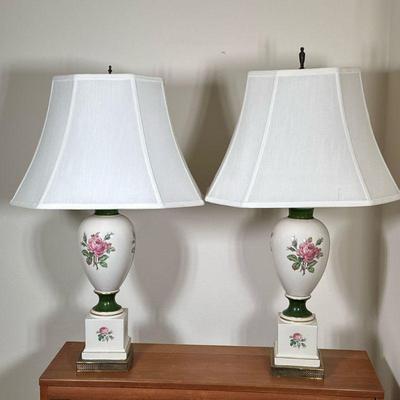 (2pc) Painted Porcelain Table Lamps | Pair (2) of porcelain table lamps with a floral painted design on a pedestal. - h. 31.75 in
