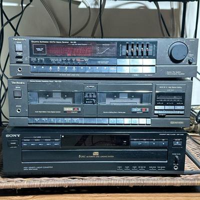 (3pc) Electronic Equipment | Electronic equipment including: Technics tape player, Technics AM/FM receiver and Sony DVD player.