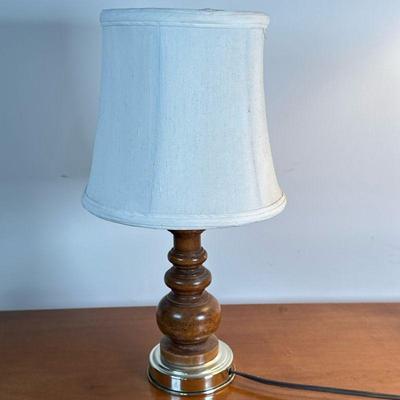 Turned Wood & Brass Table Lamp | Vintage turned wood and brass lamp, including white lampshade. - h. 15.25 in
