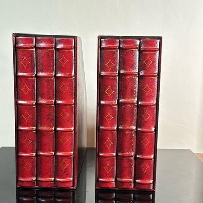(2pc) Pair of Red Magazine Holders #2 | Pair (2) of magazine holders with vintage book facade. - h. 12 x w. 4.5 x d. 10.5 in