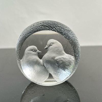 Swedish Art Glass - "Turtle Doves" | Vintage (1960's) Maleras Glasbruk (Sweden) full lead crystal glass paperweight with...