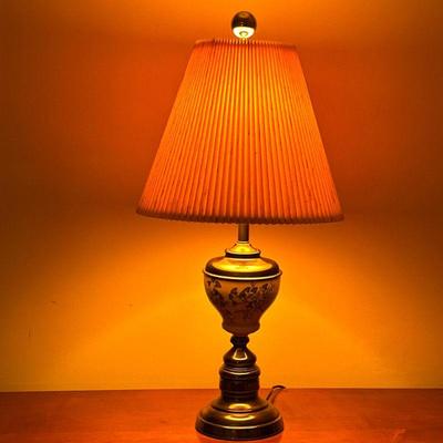 Painted Porcelain Oil Lamp/Table Lamp | Antique painted porcelain oil lamp base, converted into an electric lamp with lampshade. - : h....