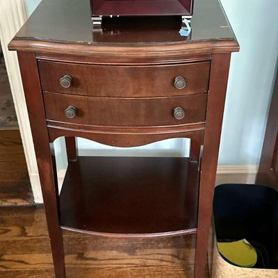 Wooden End Table/Nightstand | Wooden end table/nightstand with two pull-tab drawers and a lower shelf. - h. 28.5 x w. 16 x d. 13 in