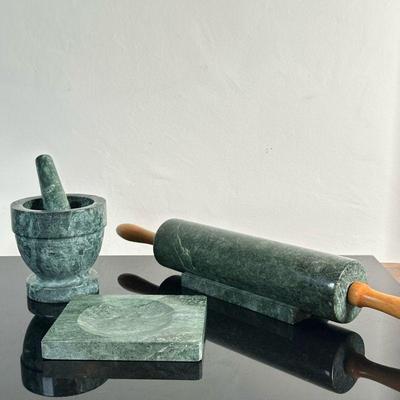 (3pc) Green Marble Kitchen Accessories | Green marble mortar and pestle Green marble rolling pin with wood handles Green marble cigar...