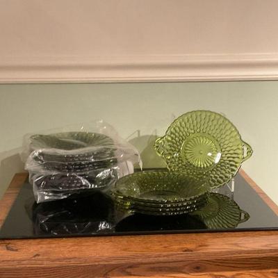 (15pc) Indiana Glass Co. Green Glass Bowls | Collection of (15-count) Indiana Glass Co. pressed green glass shallow bowls with handles....