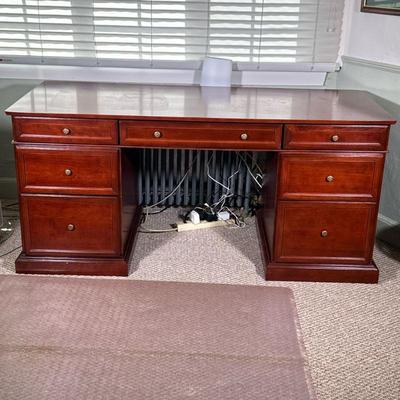 Seven-Drawer Wooden Desk | Seven-drawer wooden desk, with three drawers per side and one long drawer at the center of the desk. - h. 30 x...