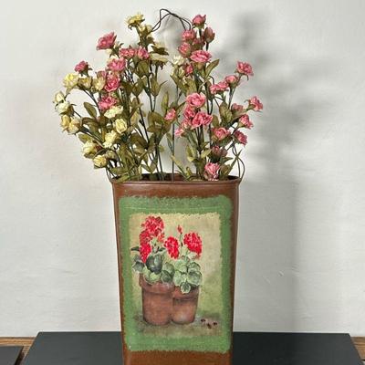 Metal or Tin Basket With Dried Flowers | Metal or tin basket with painted floral design. Includes dried flowers. - h. 21 x w. 7 in