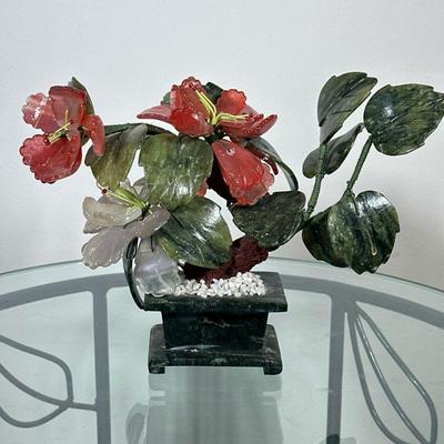 Chinoiserie Glass & Stone Sculpture #2 | Vintage chinoiserie jade, carnelian, and quarts or other stone decorative floral/bonsai...